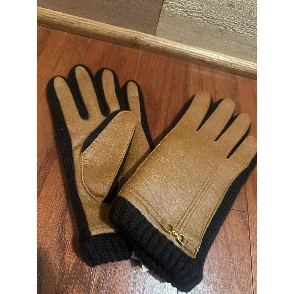 Vintage Tan Faux Leather Gloves S/M Brown Knit 1950s 1960s Chic Taiwan NOS New